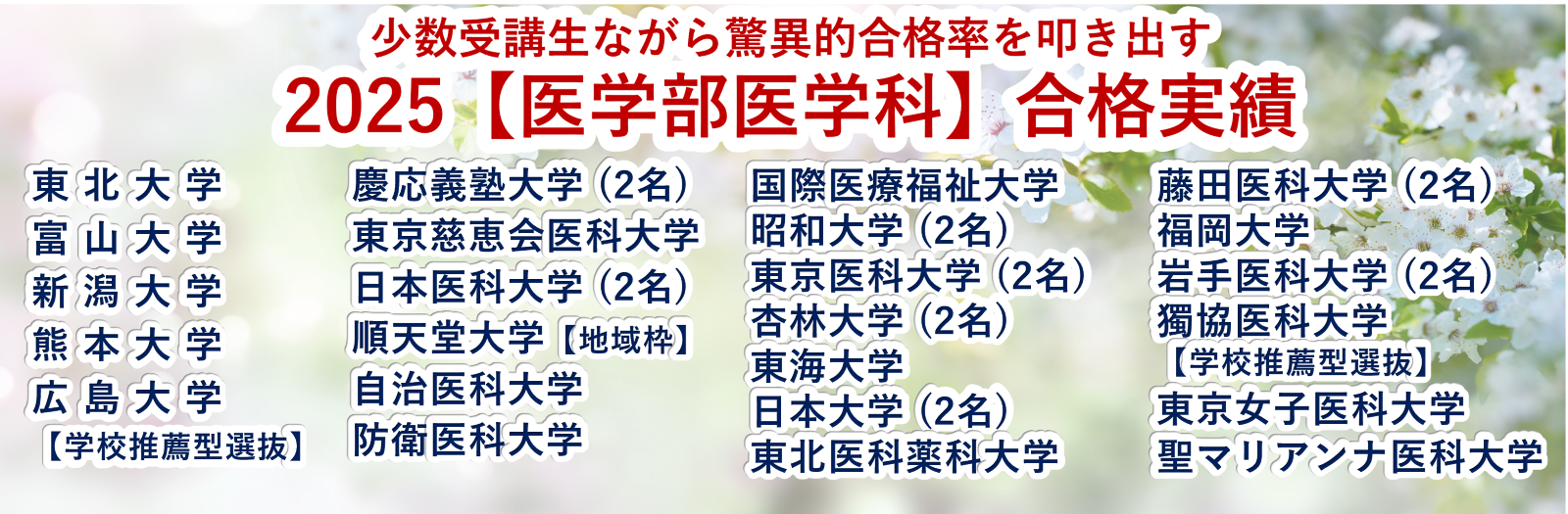 少数受講生ながら驚異合格率を叩き出す2025【医学部】合格実績