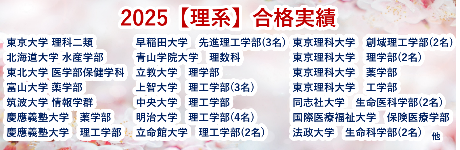 少数受講生ながら驚異合格率を叩き出す2025【難関大学理系】合格実績